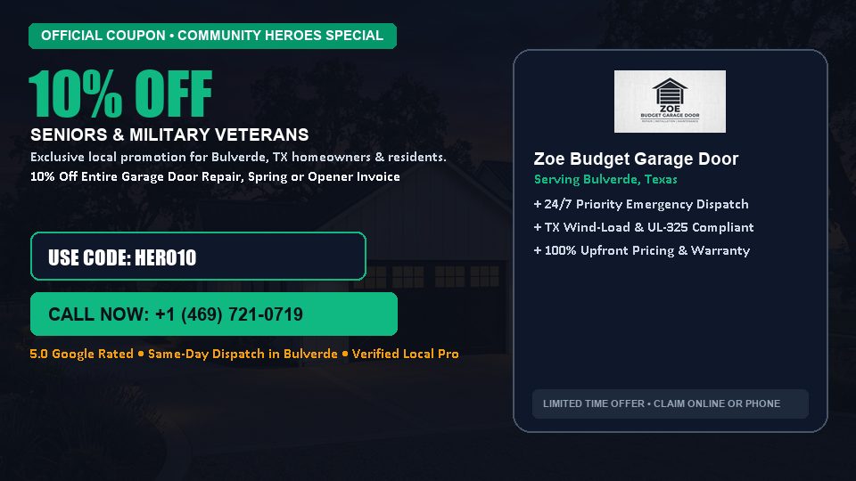Zoe Budget Garage Door 10% OFF Seniors & Military Veterans in Bulverde, TX
